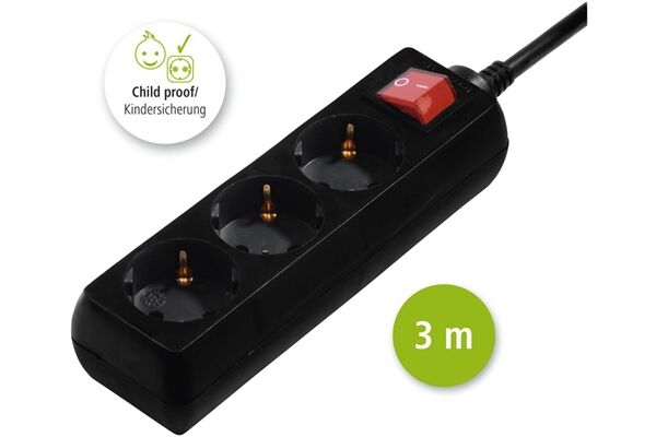 Hama 108816 3F STECKDO.M.SCH.3M Schwarz